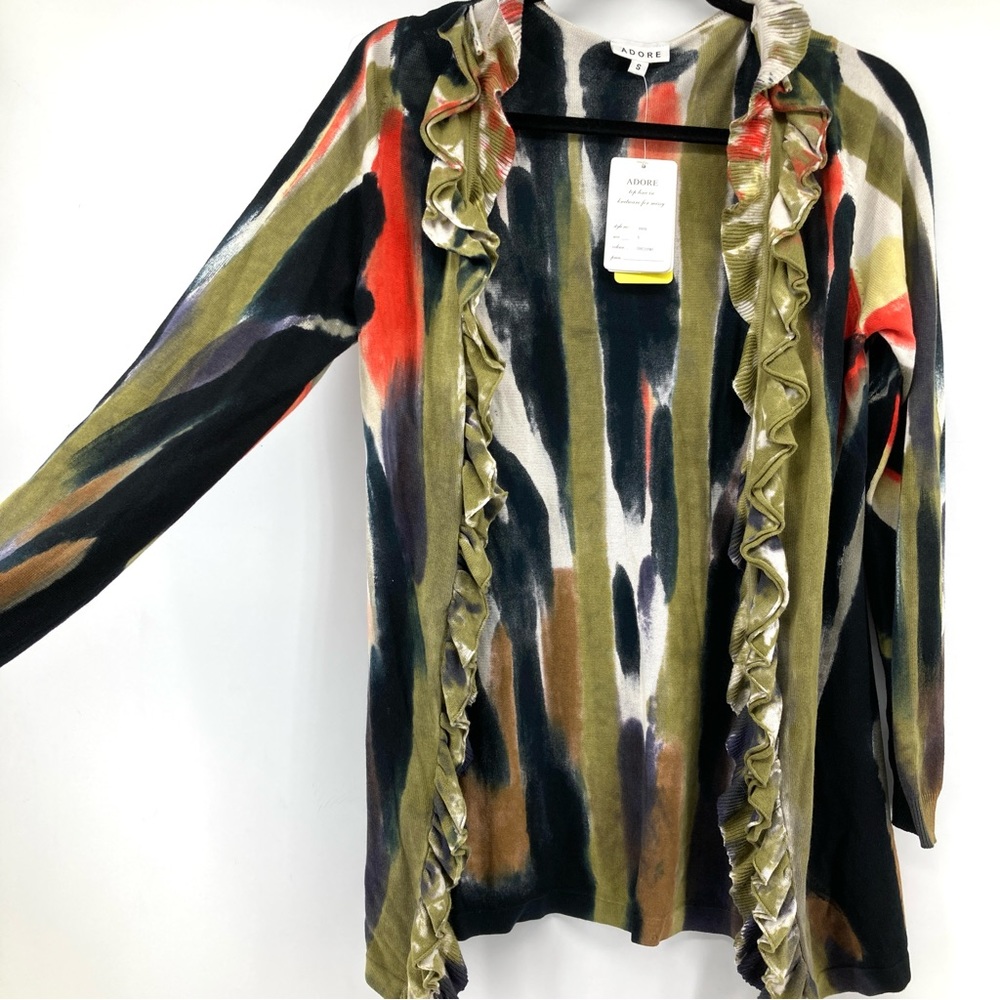Adore Abstract Watercolor Open Ruffle Front Cardigan - Picture 2 of 8